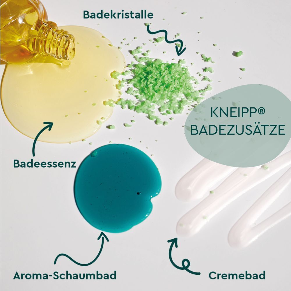 Verschillende badproducten: badessentie, aroma-schuimbad, crèmebad en badkristallen. Tekst: Kneipp® badproducten.