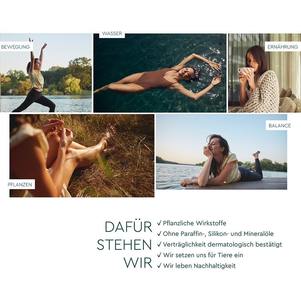Collage van afbeeldingen: vrouw die yoga doet, in het water, aan het eten, in de natuur. Tekst: Daar staan we voor.