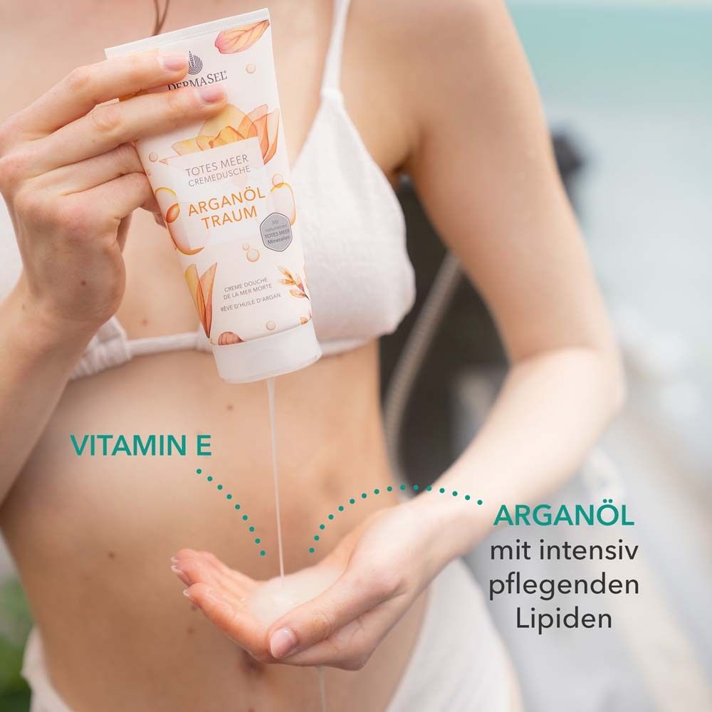 Product wordt op hand gegoten. Tekst: Vitamine E, Arganolie met intensief verzorgende lipiden. Product: Arganöl Traum.