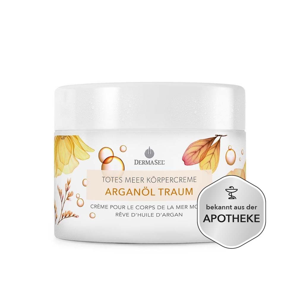Pot de crème avec couvercle. Inscription : DERMASEL, Totes Meer Körpercreme Arganöl Traum. Sceau de pharmacie.