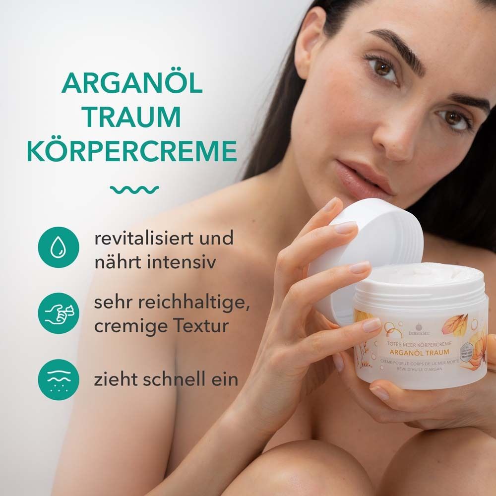 Femme tenant un pot de crème. Texte : Arganöl Traum Körpercreme. Revitalise, nourrit intensément, riche, pénètre vite.