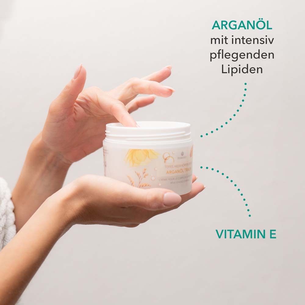 Mains tenant un pot de crème. Texte : Arganöl mit intensiv pflegenden Lipiden. Vitamine E.