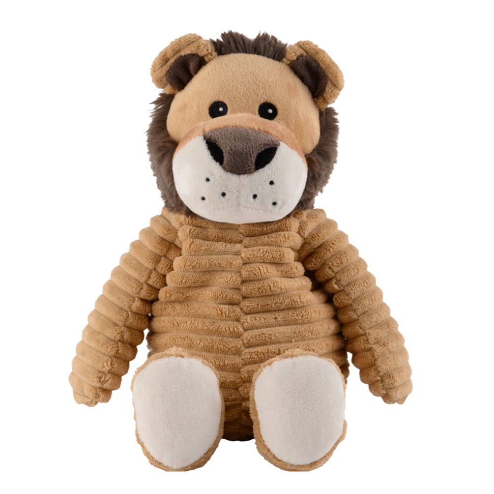 Pluche leeuw, bruin en beige. Zittende positie, met manen en poten. Zacht materiaal.