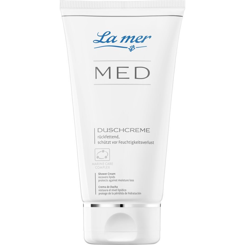Tube blanche La mer MED Duschcreme. Inscription: MED, Duschcreme, protège de la perte d'hydratation. Marine Care Complex.