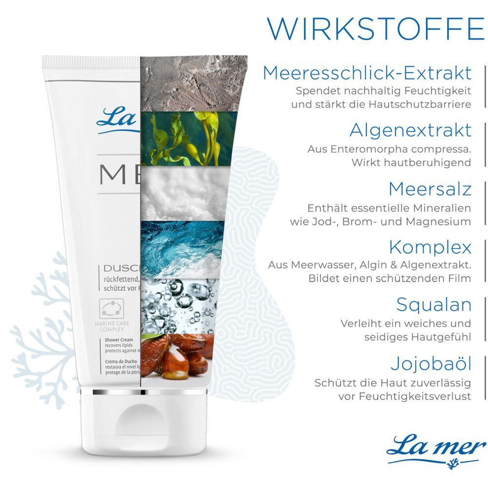 La mer MED Duschcreme. Ingrédients: Extrait de limon marin, extrait d'algues, sel marin, complexe, squalane, huile de jojoba. Graphique.