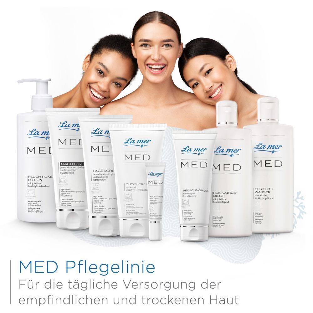 La mer MED gamme de soins. Produits: Lotion hydratante, soin de jour, crème pour les yeux, crème de douche, lait nettoyant, lotion tonique. Pour peaux sensibles.