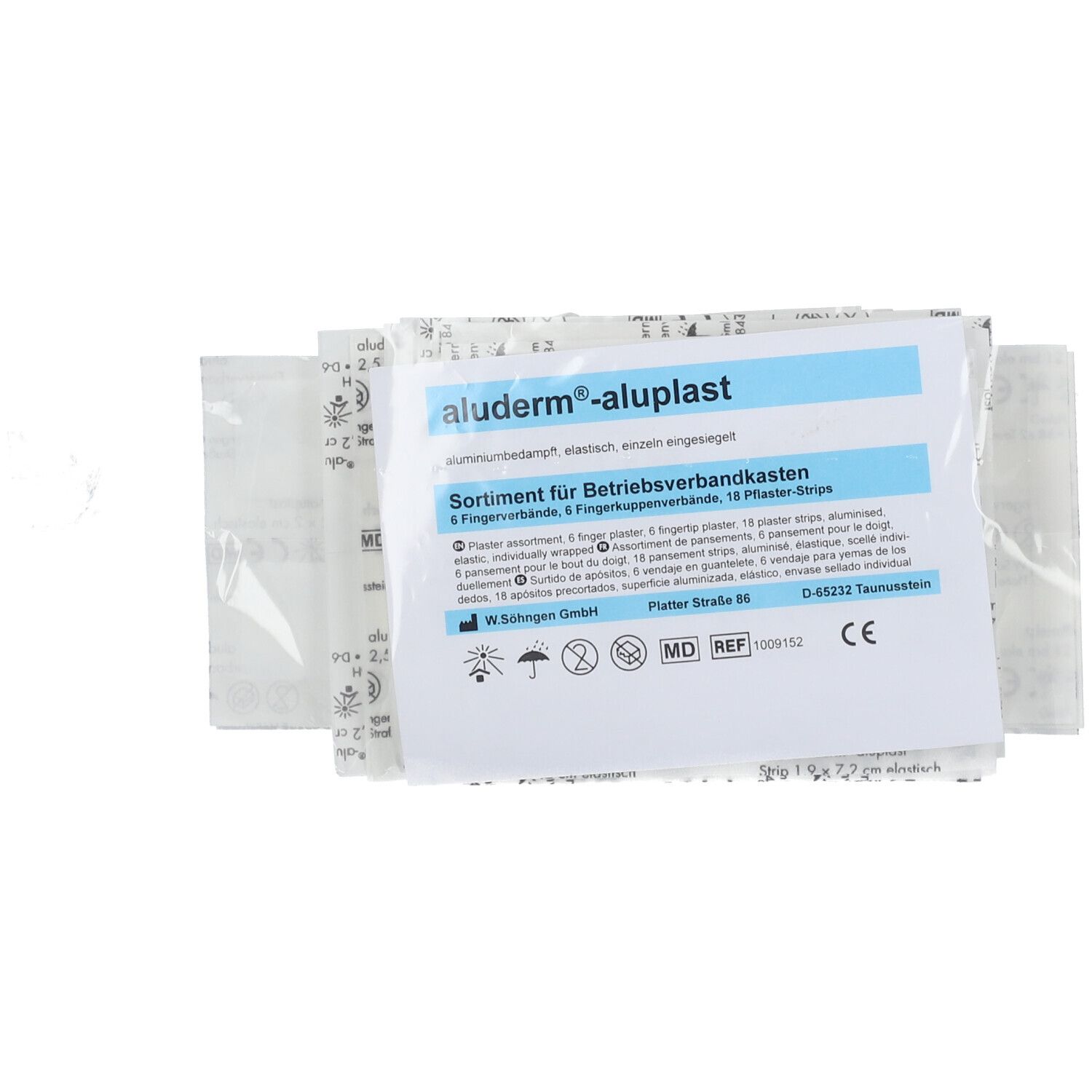 Verpakking met aluderm®-aluplast pleisters. Bevat verschillende soorten pleisters, individueel verpakt. Blauwe en witte belettering.
