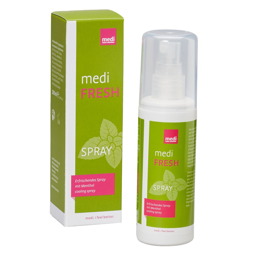 Flacon spray et boîte. Inscription : medi FRESH SPRAY. Spray rafraîchissant au menthol.
