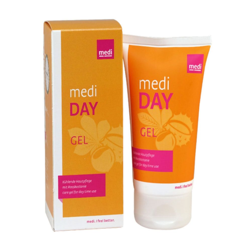 Tube et boîte orange. Inscription: medi DAY GEL. Illustration de marron d'Inde. Texte: soin rafraîchissant, gel de soin pour la journée.