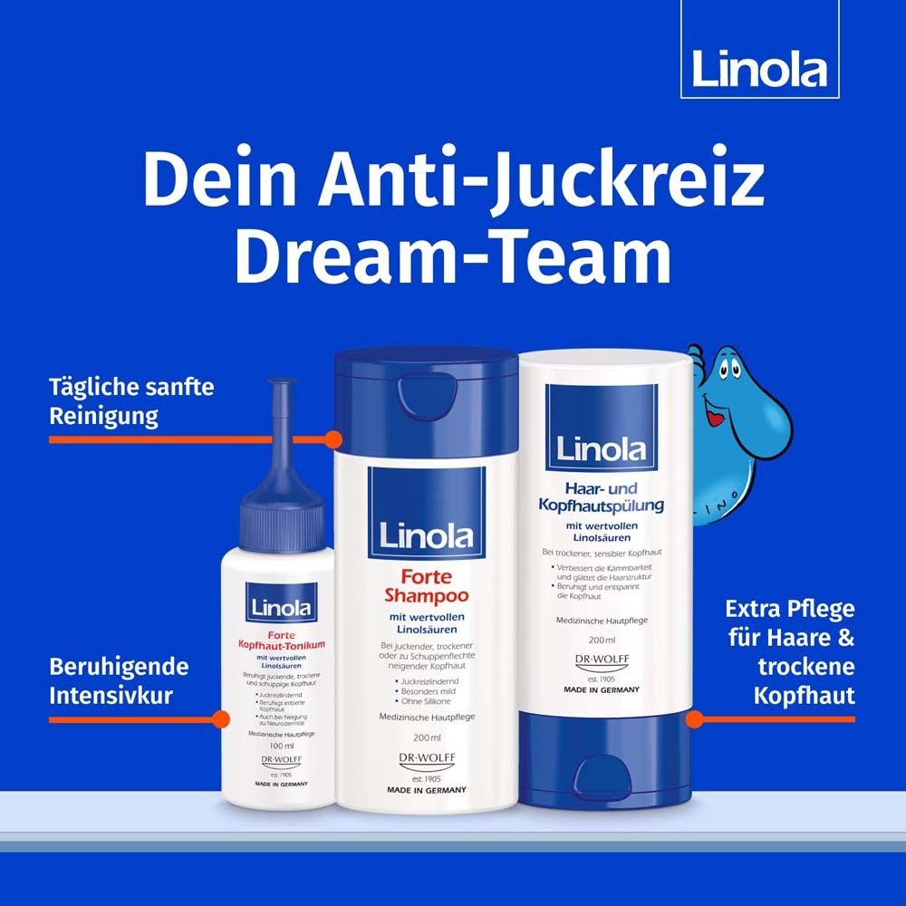 Produits Linola : Forte Shampooing, Forte Fond de Cuir Chevelu, Conditionneur. Texte : Votre équipe de rêve anti-démangeaisons.