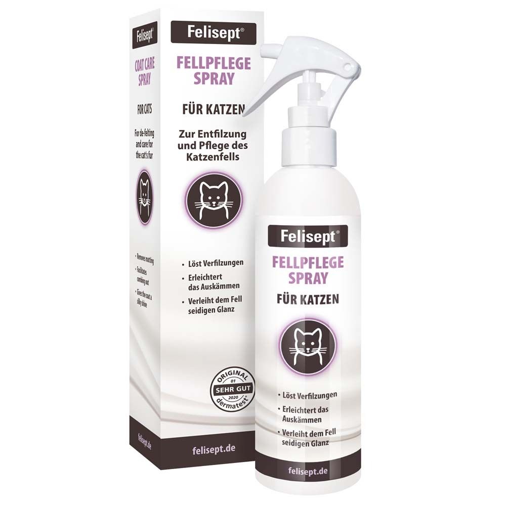 Spray pour le soin du pelage des chats. Bouteille blanche avec pulvérisateur et emballage. Inscription : Felisept Fellpflege Spray.