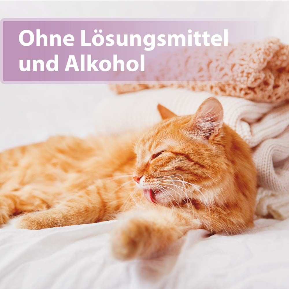 Chat couché sur de la literie. Texte : Sans solvants ni alcool.