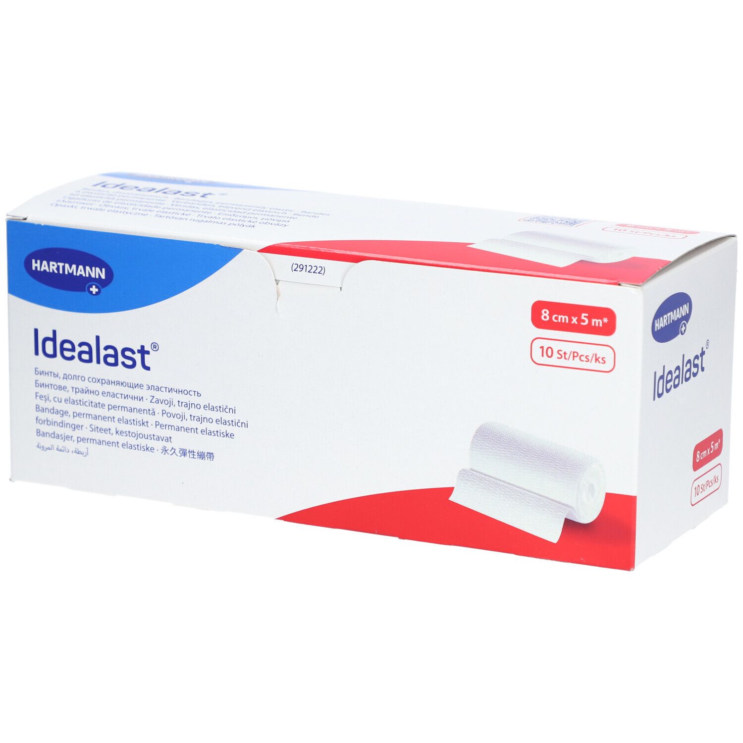 Verpakking van Idealast universeel verband. 8 cm x 5 m, 10 stuks. Merk Hartmann. Witte bandage afgebeeld op de verpakking.