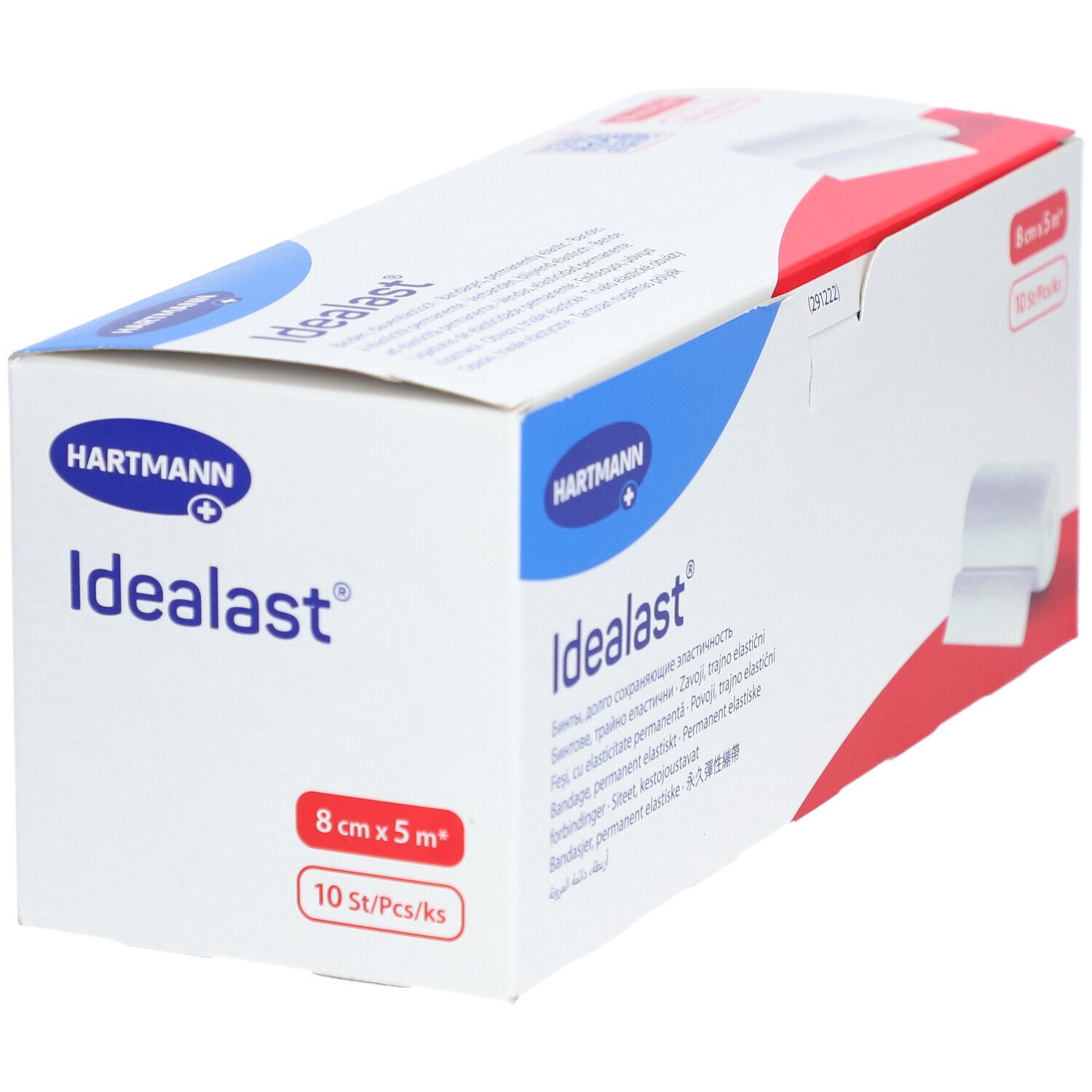 Verpakking van Idealast universeel verband. 8 cm x 5 m, 10 stuks. Merk Hartmann. Verpakking met rood en blauw design.