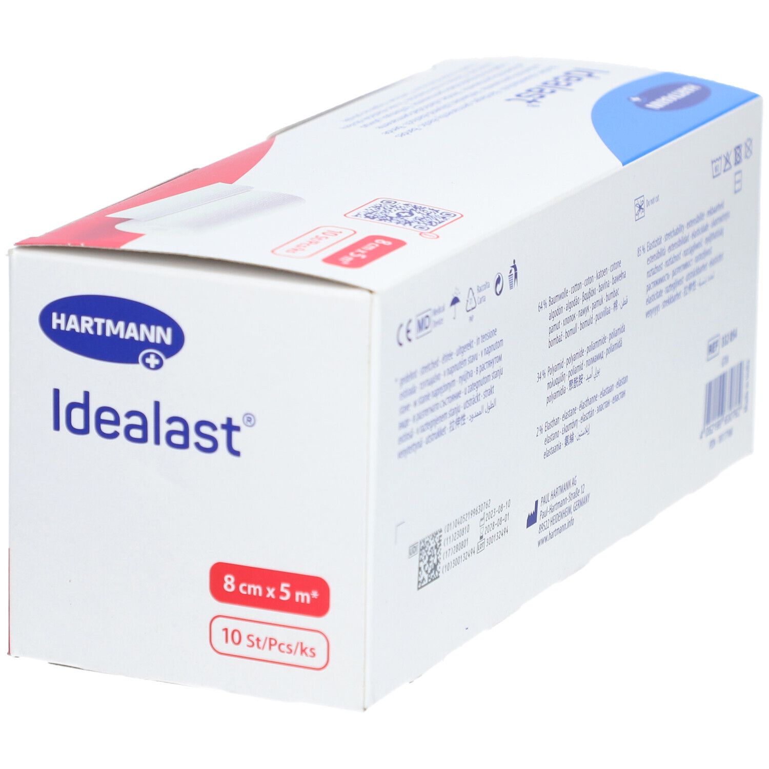 Verpakking van Idealast universeel verband. 8 cm x 5 m, 10 stuks. Merk Hartmann. Verpakking met rood en blauw design.