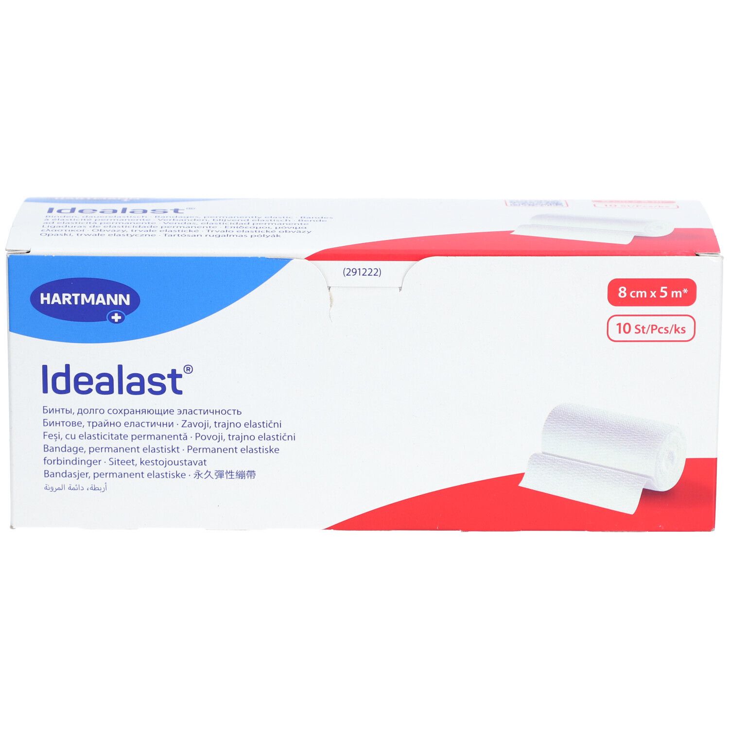 Verpakking van Idealast universeel verband. 8 cm x 5 m, 10 stuks. Merk Hartmann. Witte bandage afgebeeld op de verpakking.