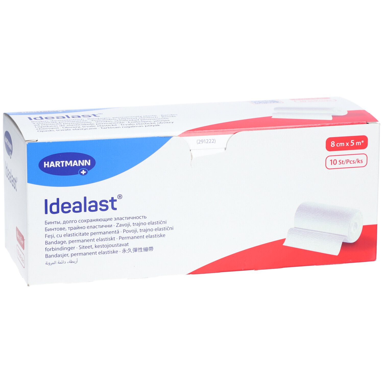 Verpakking van Idealast universeel verband. 8 cm x 5 m, 10 stuks. Merk Hartmann. Witte bandage afgebeeld op de verpakking.