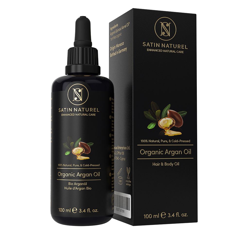 Flacon en verre noir avec compte-gouttes, contenant de l'huile d'argan. Boîte d'emballage noire à côté.