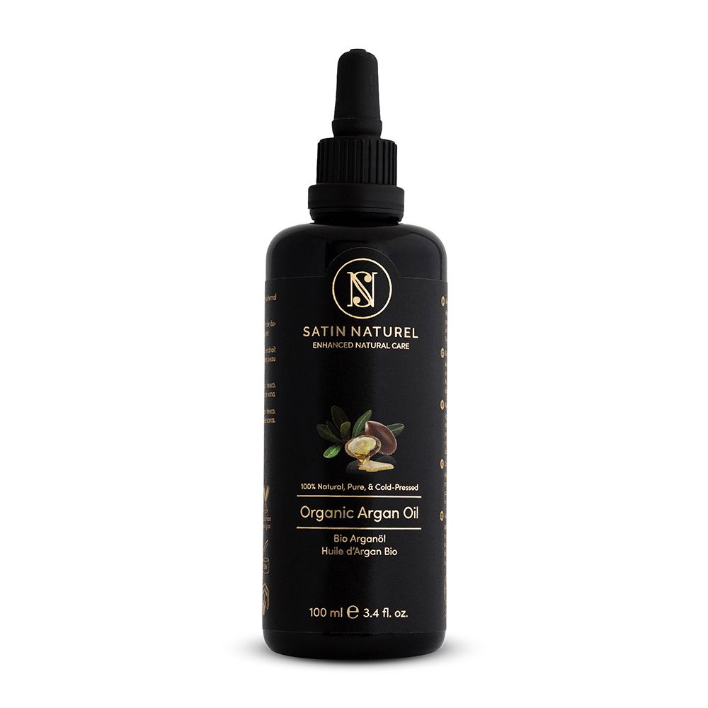 Flacon en verre noir avec bouchon compte-gouttes, Huile d'argan bio Satin Naturel, 100 ml.