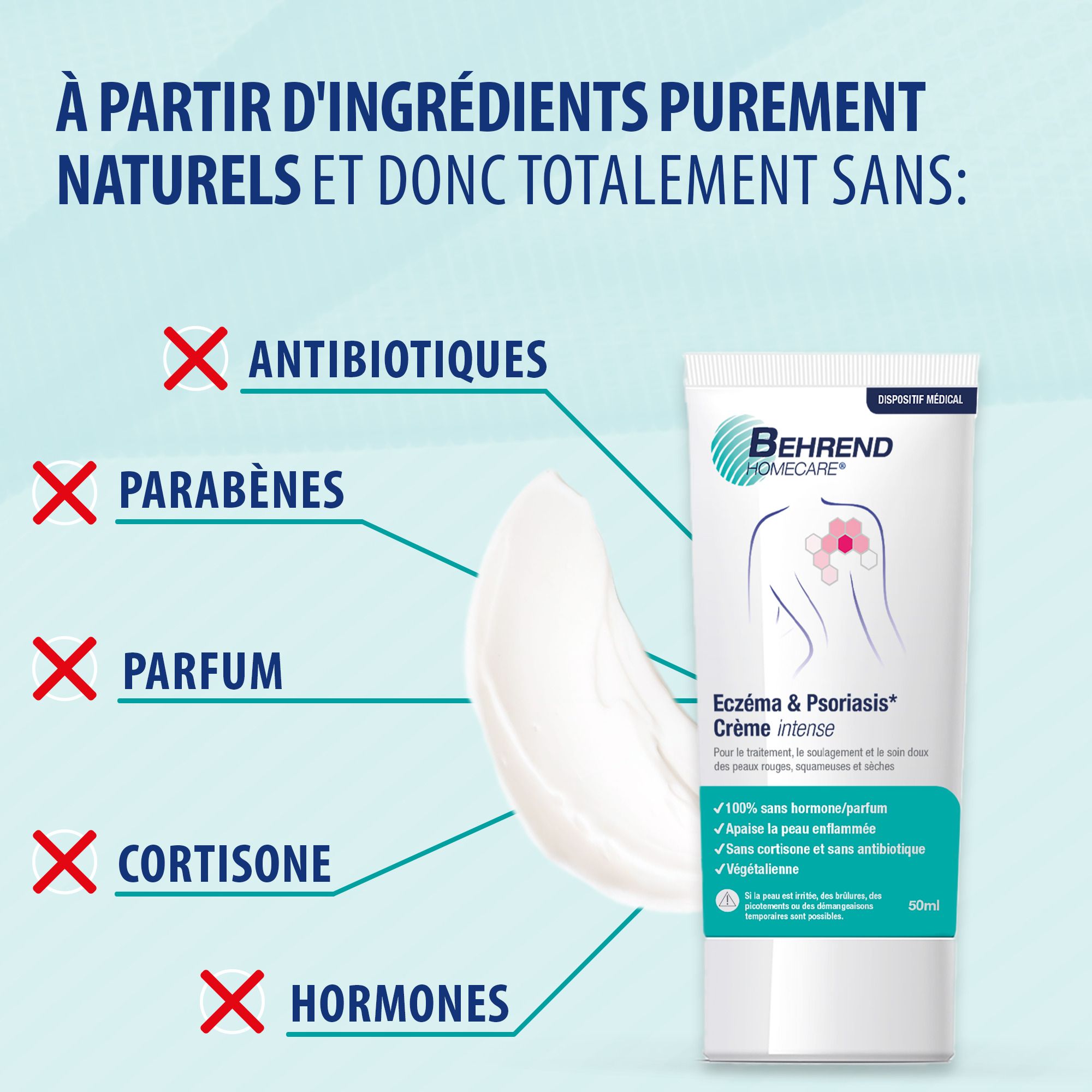 Texte : Crème intense Behrend contre le psoriasis et la dermatite atopique. 100% végétalien, sans tests sur animaux.