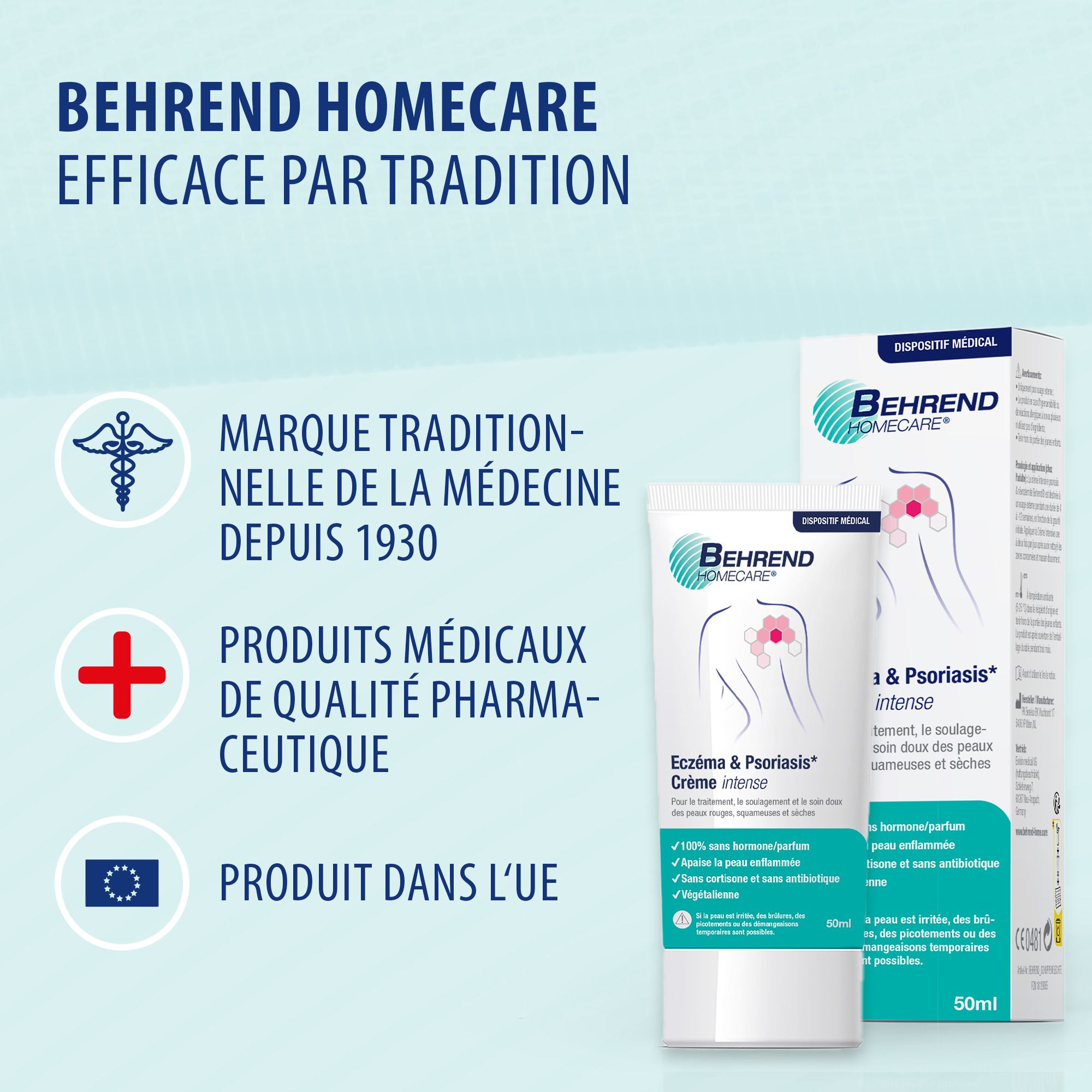 Texte : Crème intense Behrend contre le psoriasis et la dermatite atopique. 100% végétalien, sans tests sur animaux.