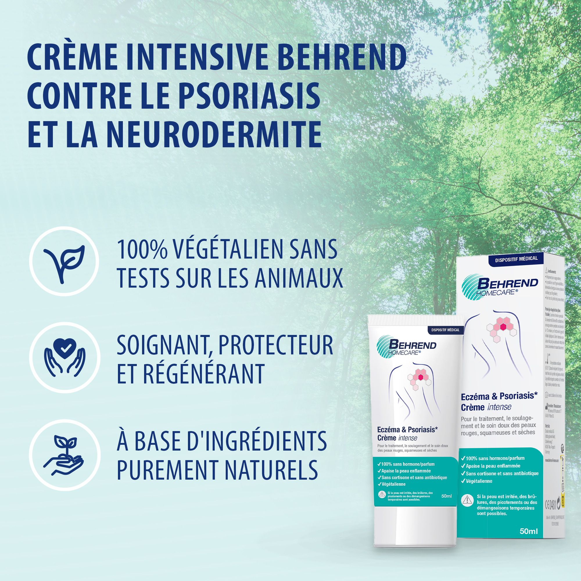 Texte : Crème intense Behrend contre le psoriasis et la dermatite atopique. 100% végétalien, sans tests sur animaux.