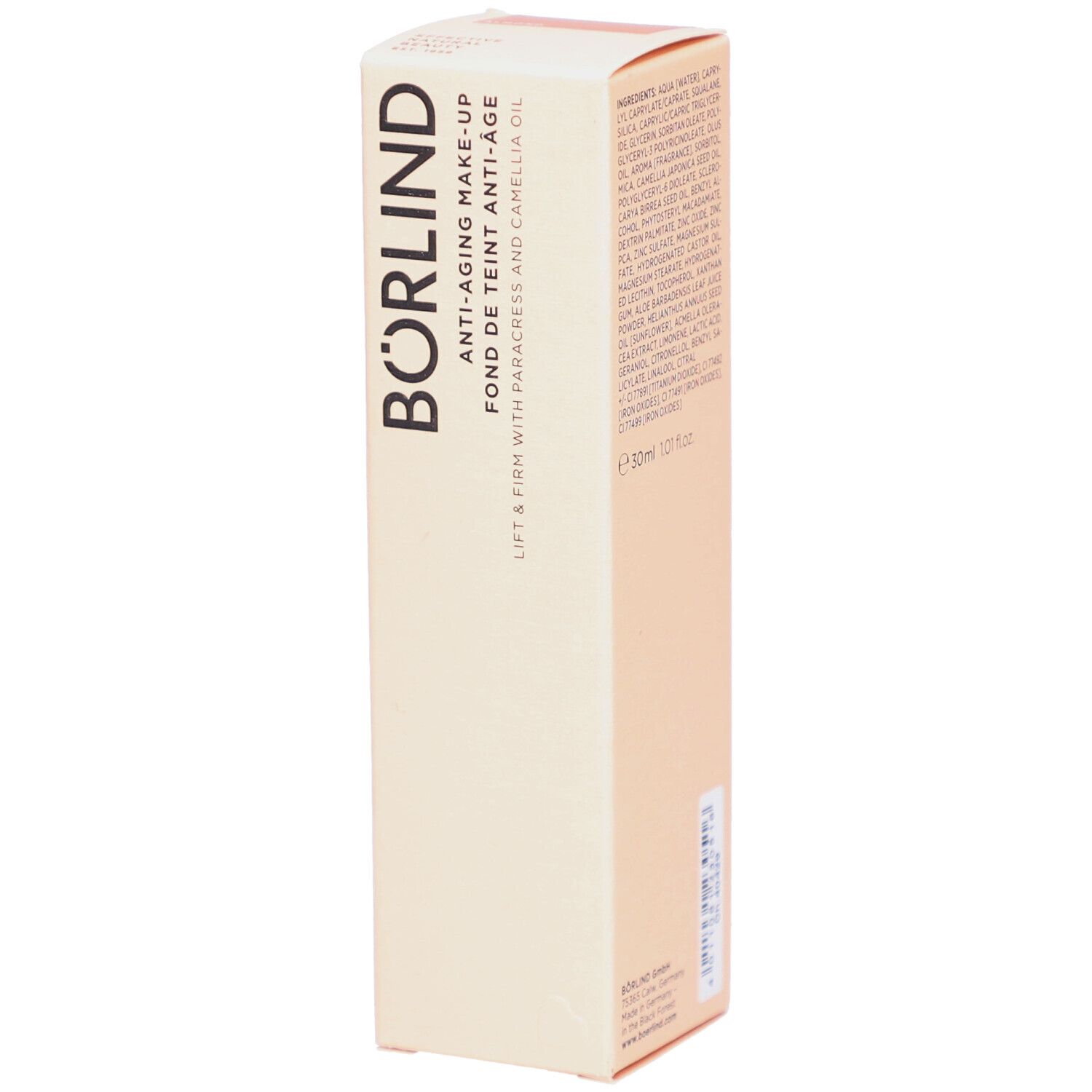 Beige kartonnen verpakking. Opschrift: BÖRLIND, Anti-Aging Make-up, Fond de Teint Anti-Âge. Met parakresse en camelia-olie.