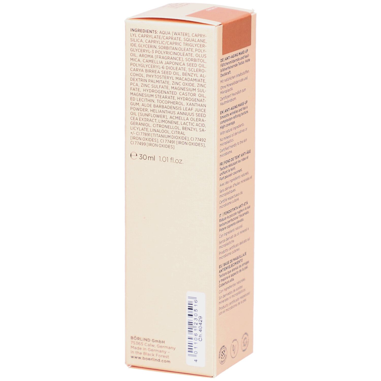 Beige kartonnen verpakking. Lijst van ingrediënten. Volume: 30ml. Logo: E 30ml 1.0fl oz.