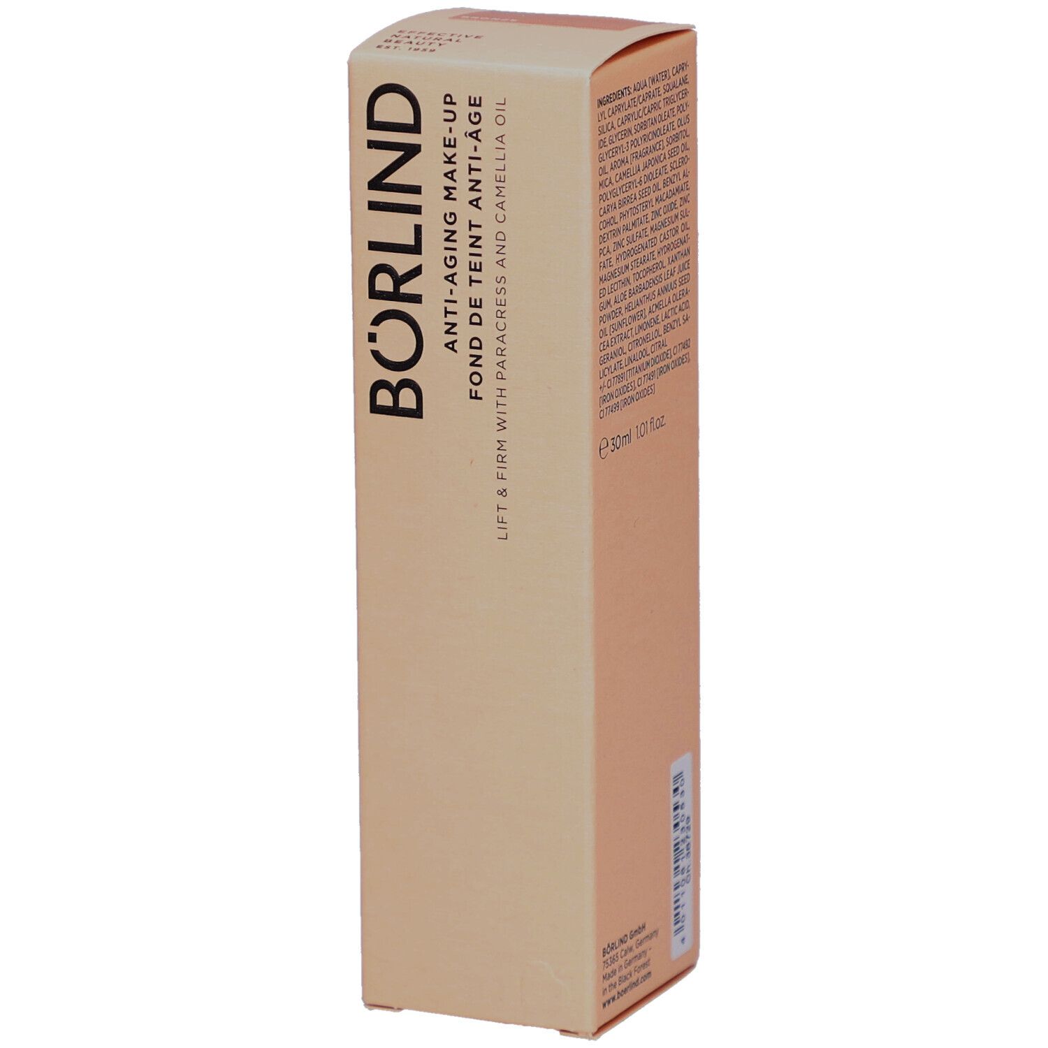 Emballage en carton beige pour le maquillage anti-âge BÖRLIND. Texte: Anti-Aging Make-up, Lift & Firm avec paracress et huile de camélia.