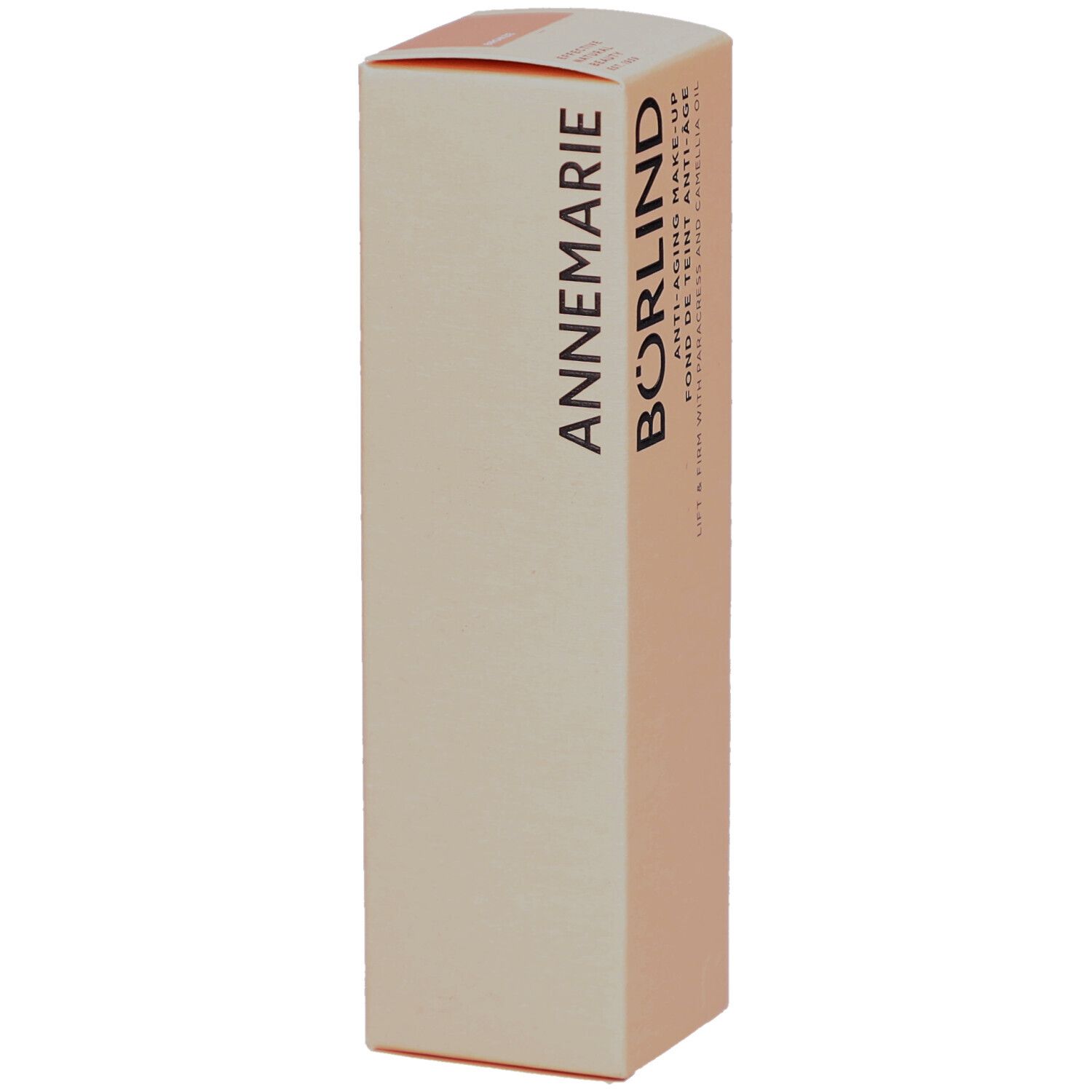 Emballage en carton beige. Texte: ANNEMARIE BÖRLIND. Anti-Aging Make-up. Fond de teint anti-âge. Lift & Firm avec paracress et huile de camélia.