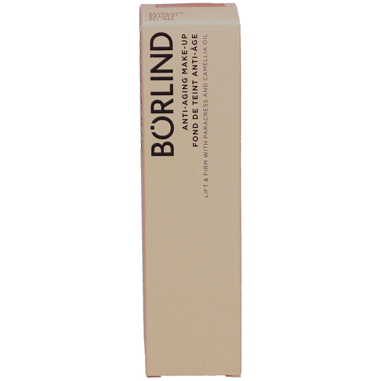 BÖRLIND Anti-Aging Make-up. Emballage en carton beige. Texte: Anti-Aging Make-up, Fond de teint anti-âge, Lift & Firm avec paracress et huile de camélia.