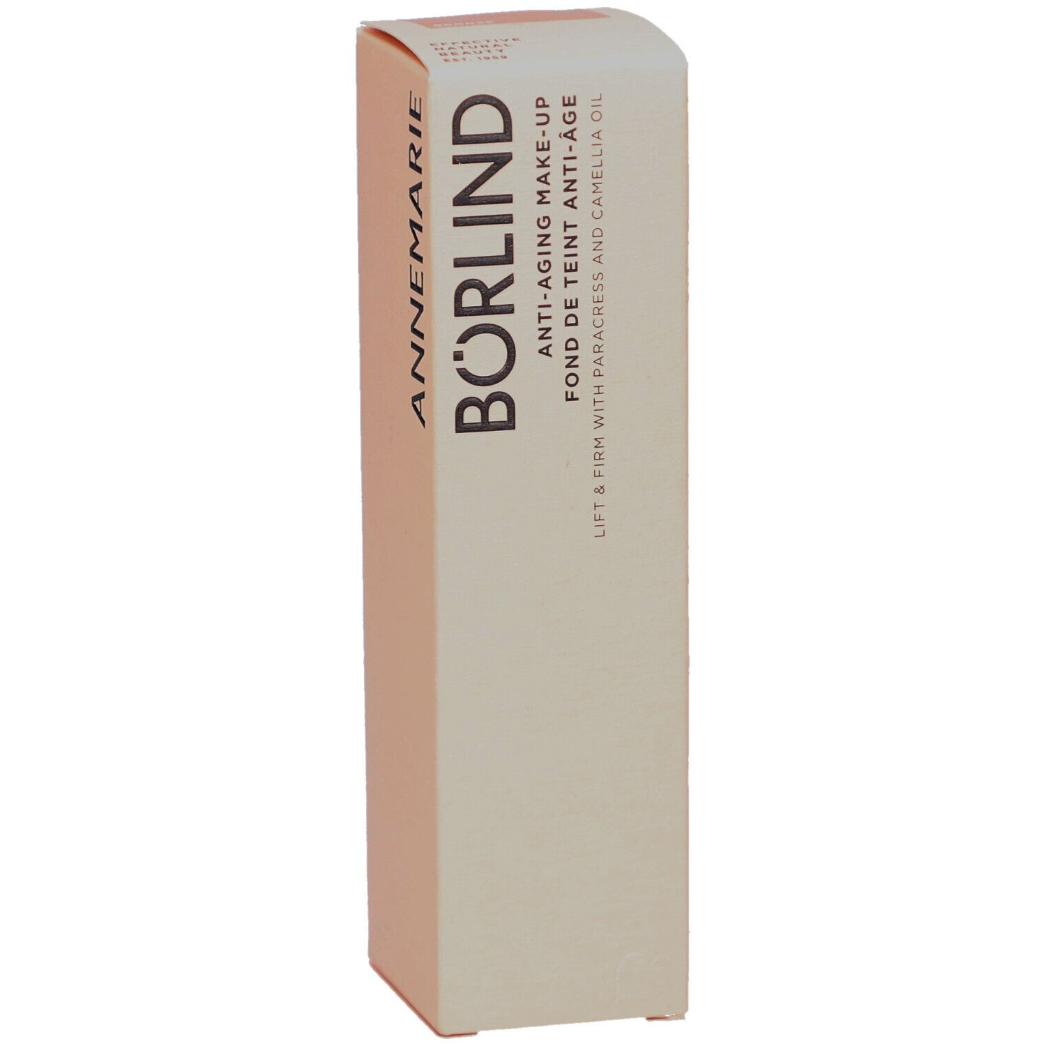 ANNEMARIE BÖRLIND Anti-Aging Make-up. Emballage en carton beige. Texte: Anti-Aging Make-up, Fond de teint anti-âge, Lift & Firm avec paracress et huile de camélia.