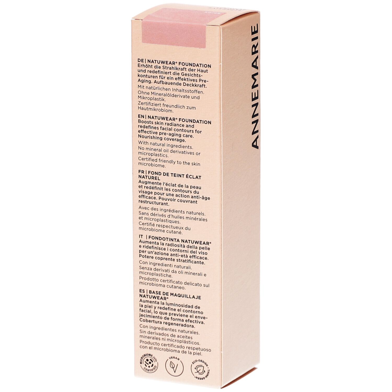 Make-up verpakking. Tekst in het Duits, Engels, Frans, Italiaans en Spaans. Productinformatie en certificeringen.