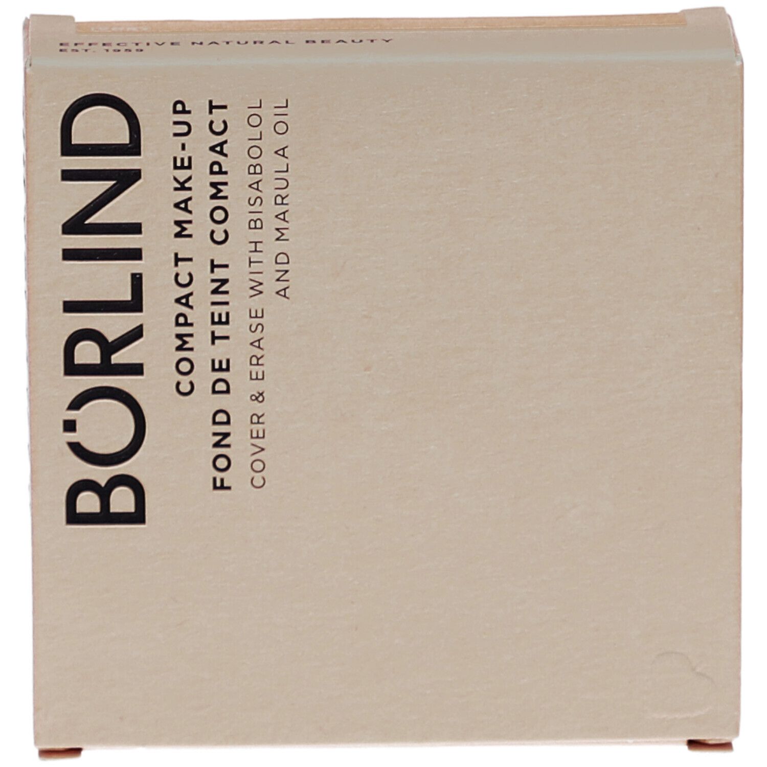 Emballage de maquillage. Texte: BÖRLIND, COMPACT MAKE-UP, FOND DE TEINT COMPACT, COVER & ERASE WITH BISABOLOL AND MARULA OIL.
