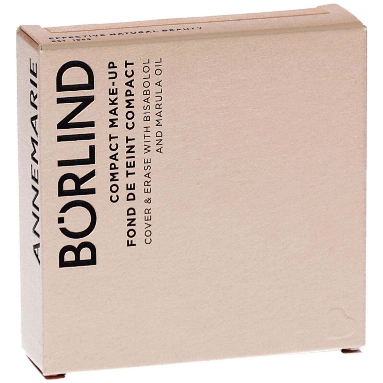 Emballage de maquillage. Texte: ANNEMARIE BÖRLIND, BÖRLIND, COMPACT MAKE-UP, FOND DE TEINT COMPACT, COVER & ERASE WITH BISABOLOL AND MARULA OIL.