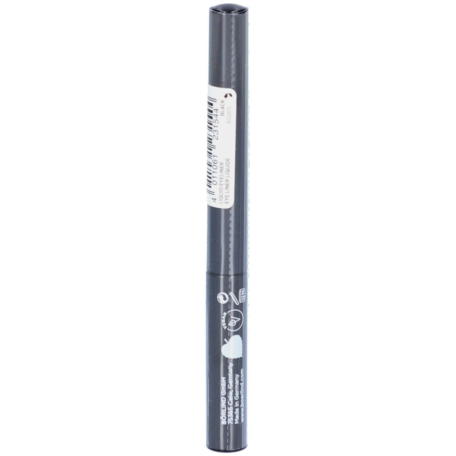 Eyeliner liquide noir dans un étui cylindrique. L'étui porte des inscriptions blanches et une étiquette avec un code-barres. Orientation verticale.