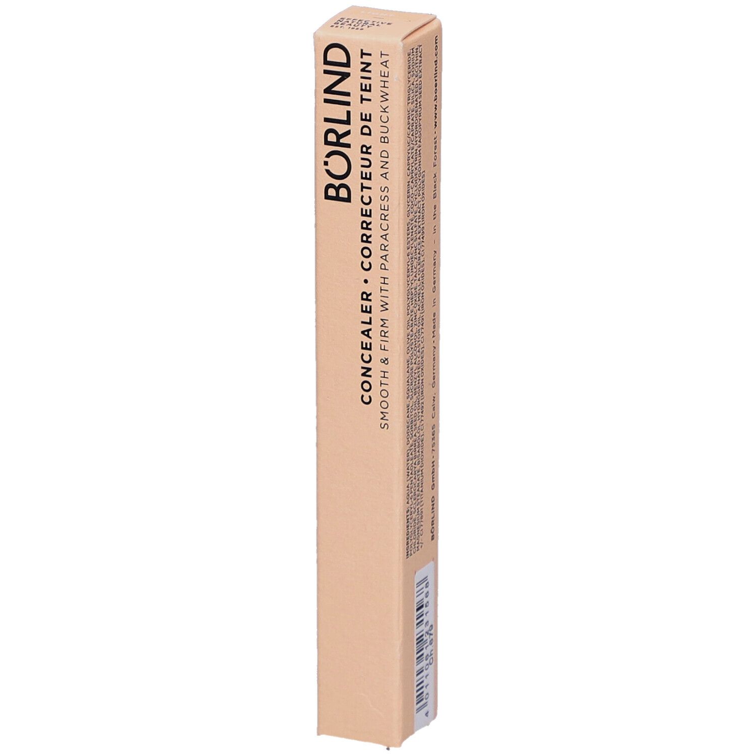 Emballage beige avec informations produit. Inscription: BÖRLIND Correcteur de teint. Contient paracress et sarrasin. 