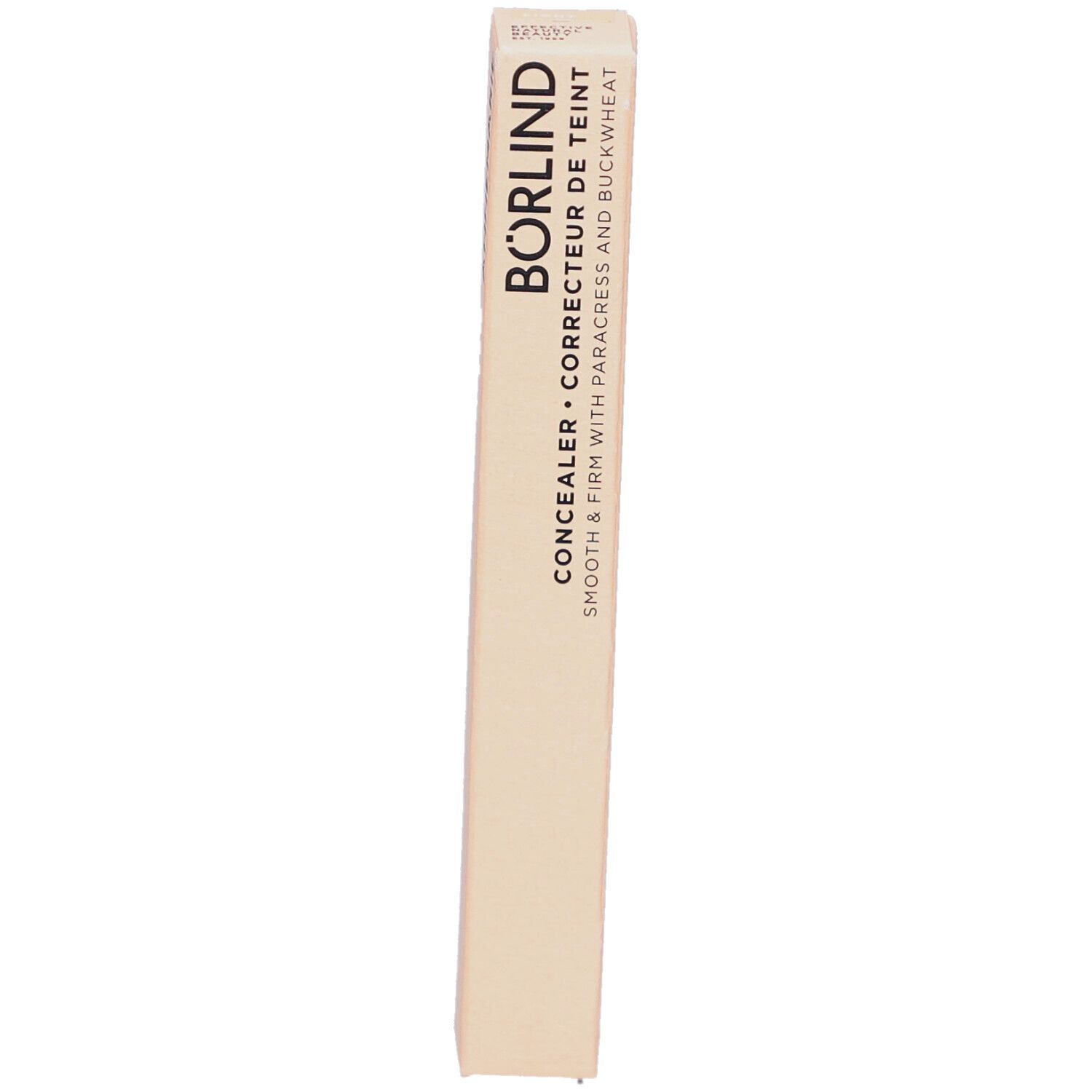 Emballage beige avec informations produit. Inscription: BÖRLIND Correcteur de teint. Contient paracress et sarrasin.