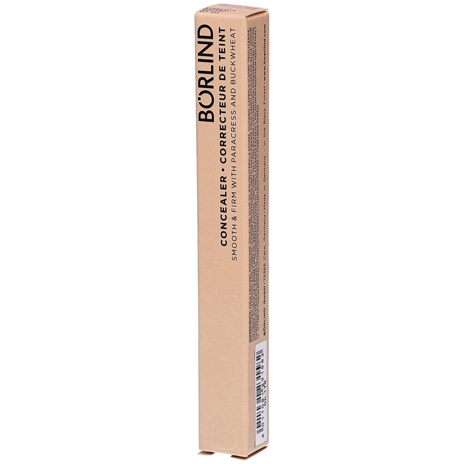 BÖRLIND concealer verpakking. Beige, langwerpige doos. Opschrift: Concealer, Correcteur de teint, Smooth & Firm.