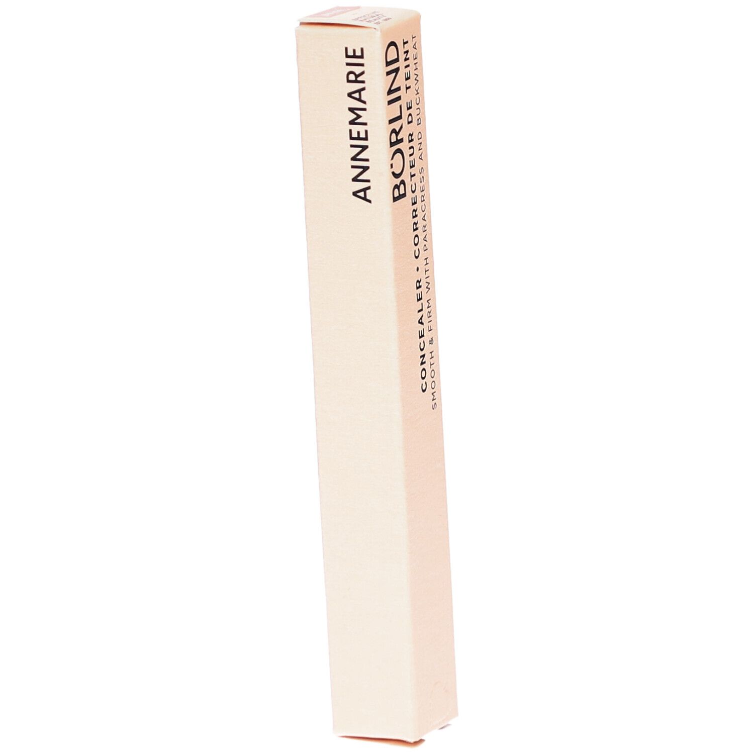 BÖRLIND concealer verpakking. Beige, langwerpige doos. Opschrift: ANNEMARIE BÖRLIND, Concealer, Correcteur de teint.