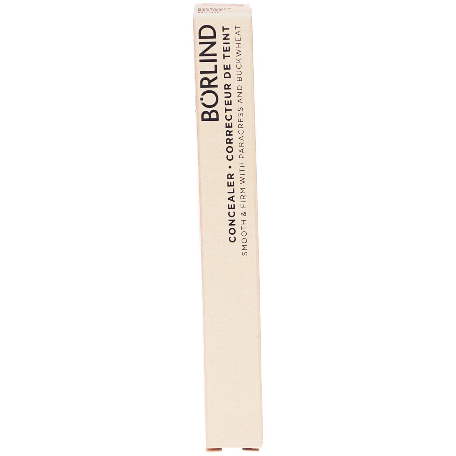 BÖRLIND concealer verpakking. Beige, langwerpige doos. Opschrift: BÖRLIND, Concealer, Correcteur de teint.