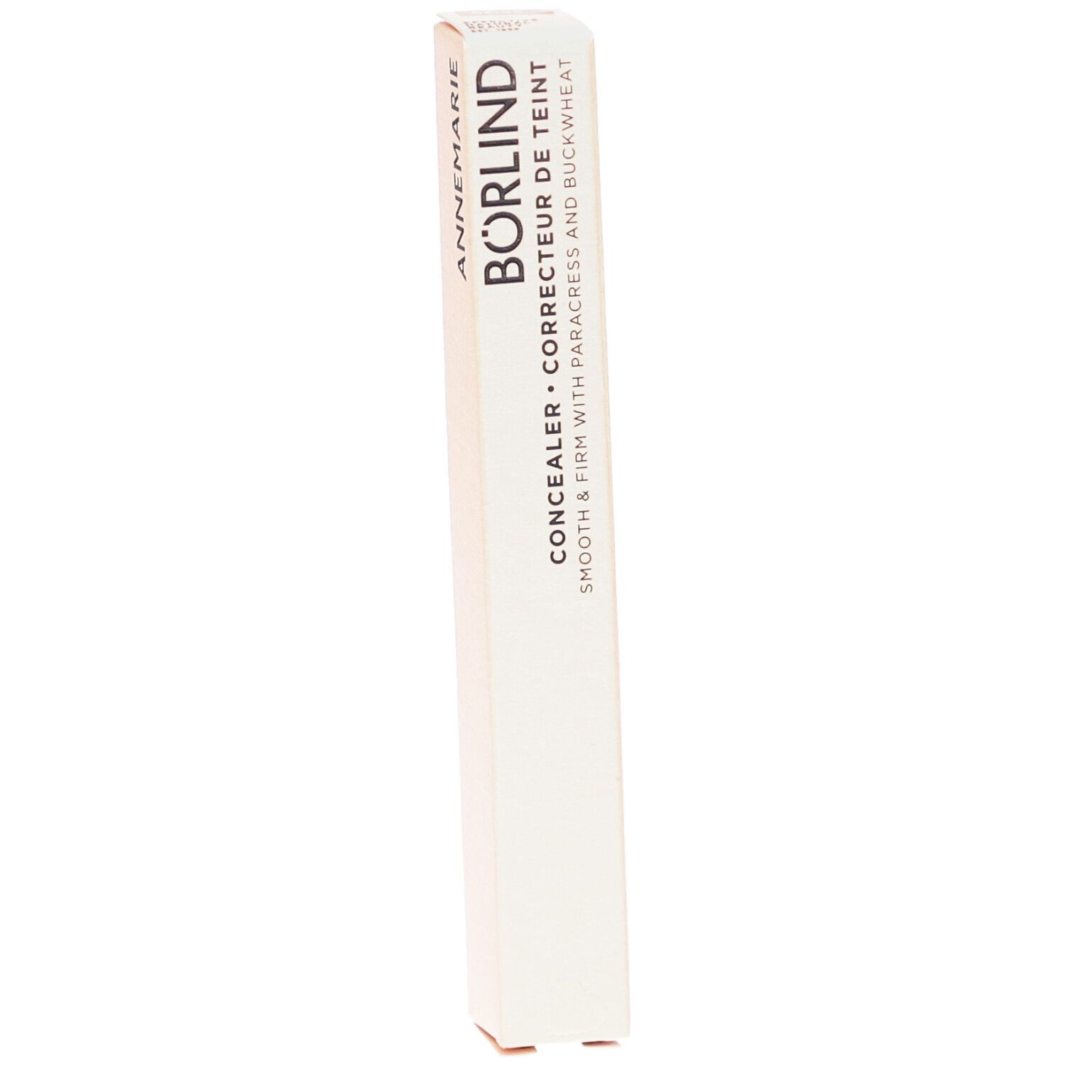 BÖRLIND concealer verpakking. Beige, langwerpige doos. Opschrift: ANNEMARIE BÖRLIND, Concealer, Correcteur de teint.