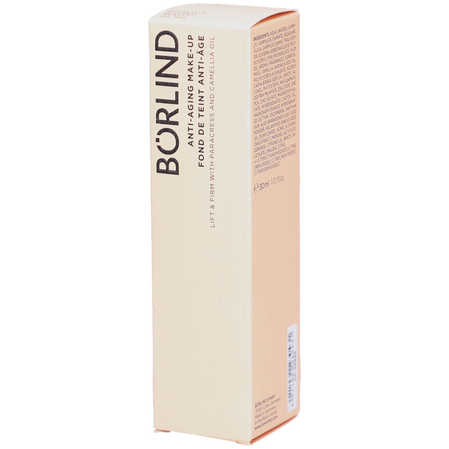 Beige verpakking met BÖRLIND Anti-Aging Make-up. Tekst: Lift & Firm met paracress en camelia-olie. 50ml.