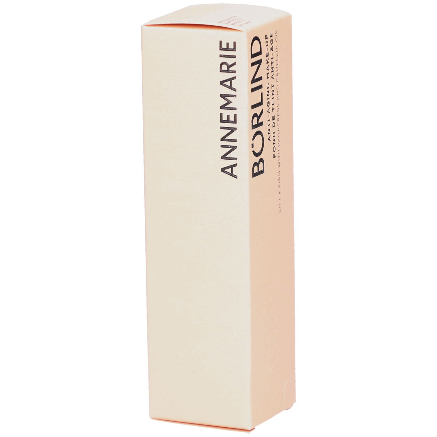 Beige verpakking met ANNE MARIE BÖRLIND. Tekst: Anti-Aging Make-up. Schuine weergave.