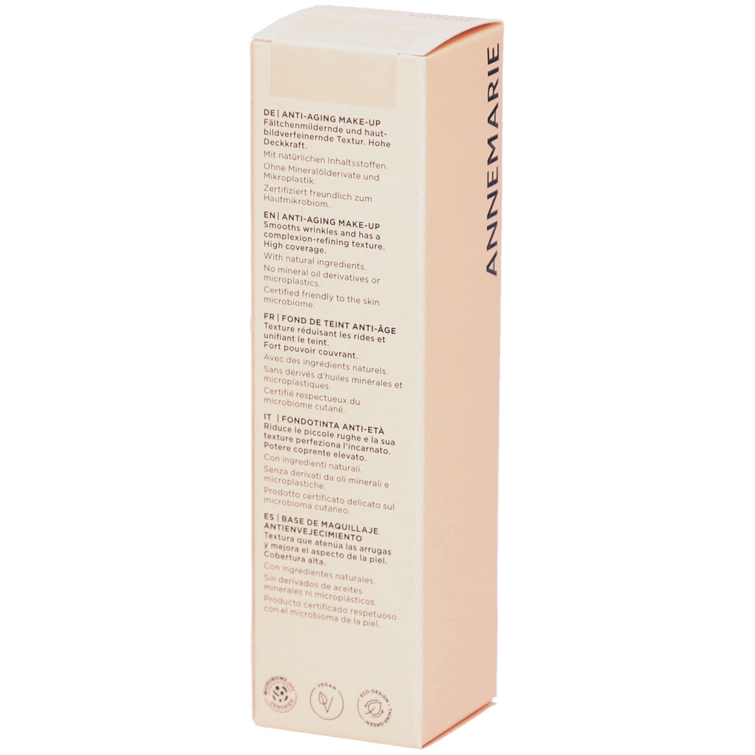 Beige verpakking met teksten in het Duits, Engels, Frans en Italiaans. Tekst: Anti-Aging Make-up.