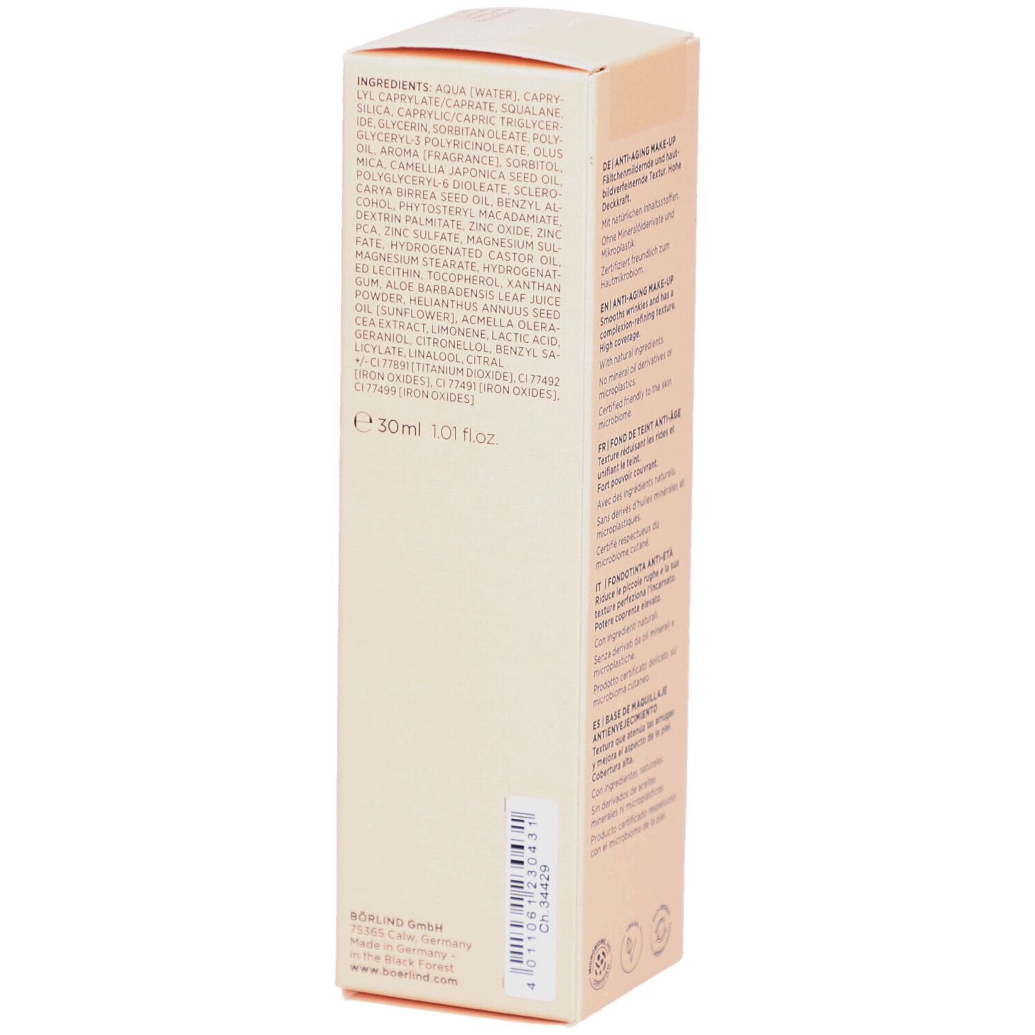 Beige verpakking met ingrediënten en teksten. Tekst: BÖRLIND. 30ml. 1.01 fl.oz.