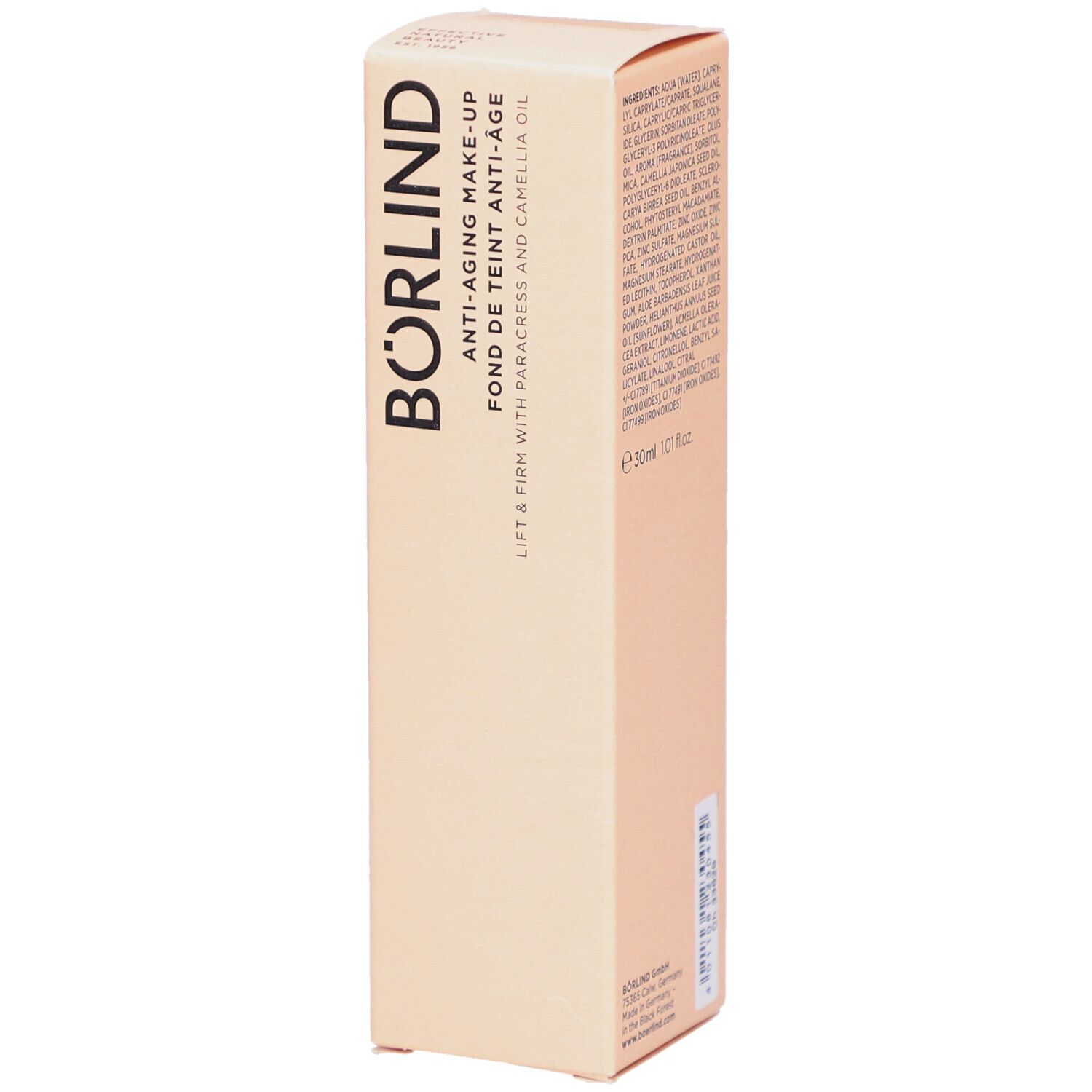Emballage de BÖRLIND Anti-Aging Make-up. Inscription: Anti-Aging Make-up, Lift & Firm. Teinte: honey. Contenu: 30ml.