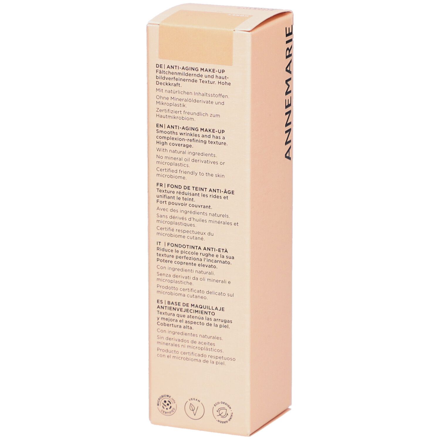 Emballage de BÖRLIND Anti-Aging Make-up. Texte en allemand, anglais, français, italien et espagnol. Teinte: honey.