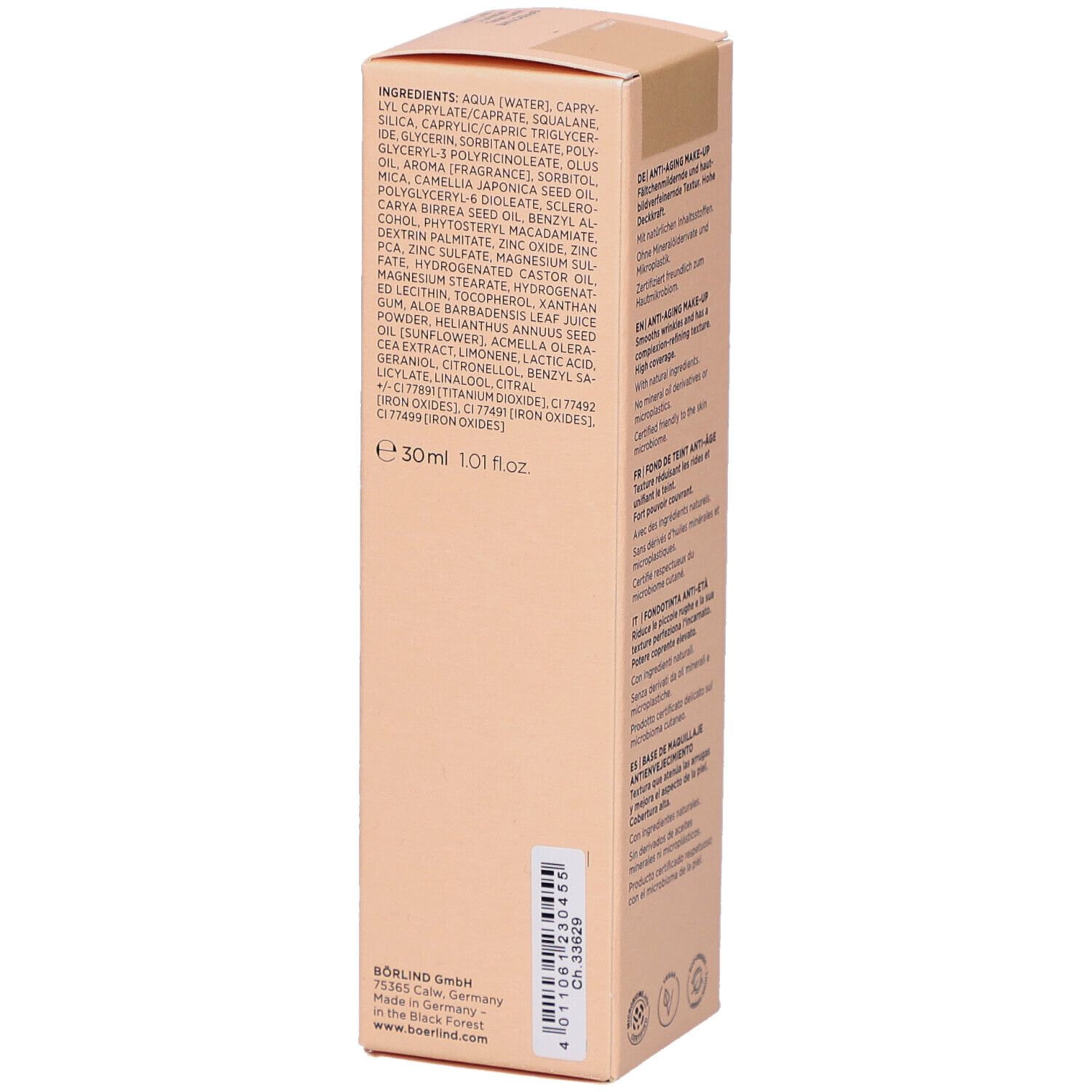 Emballage de BÖRLIND Anti-Aging Make-up. Liste des ingrédients. Contenu: 30ml. Adresse du fabricant.