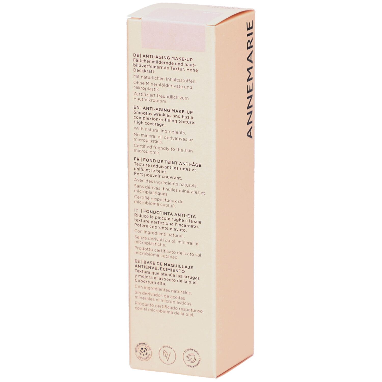 Boîte beige avec informations produit en allemand, anglais, français et italien. Avec certifications.